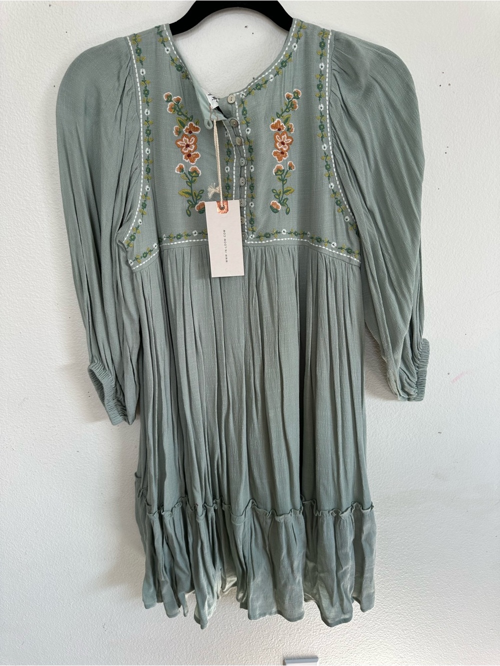 Boho Embroidered Sage Green Mini Dress